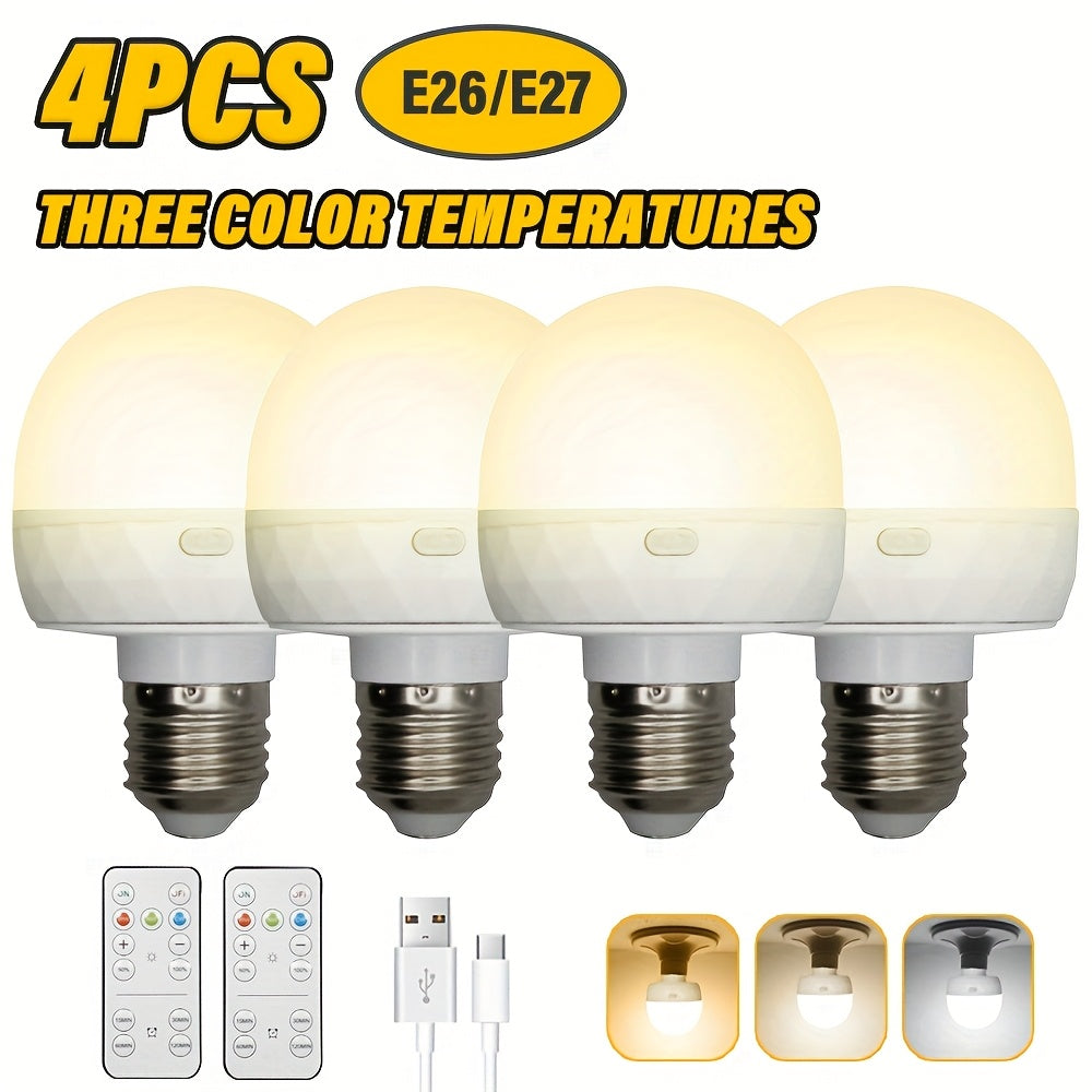 4PCS rechargeable smart LED light, E26/E27 base, with remote control for adjustable color temperature and brightness LED light, USB rechargeable light, suitable for living room, bedroom, chandelier, floor lamp