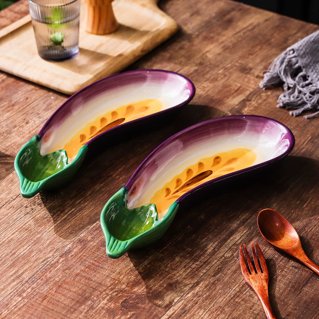 1 Piece Frank Exhibition Inspired Ceramic Eggplant Plate – Creative Purple & Green Vegetable-Shaped Tray, Perfect for Fruit, Snacks & More – Glossy Finish, Ideal for Home Use & All Seasons