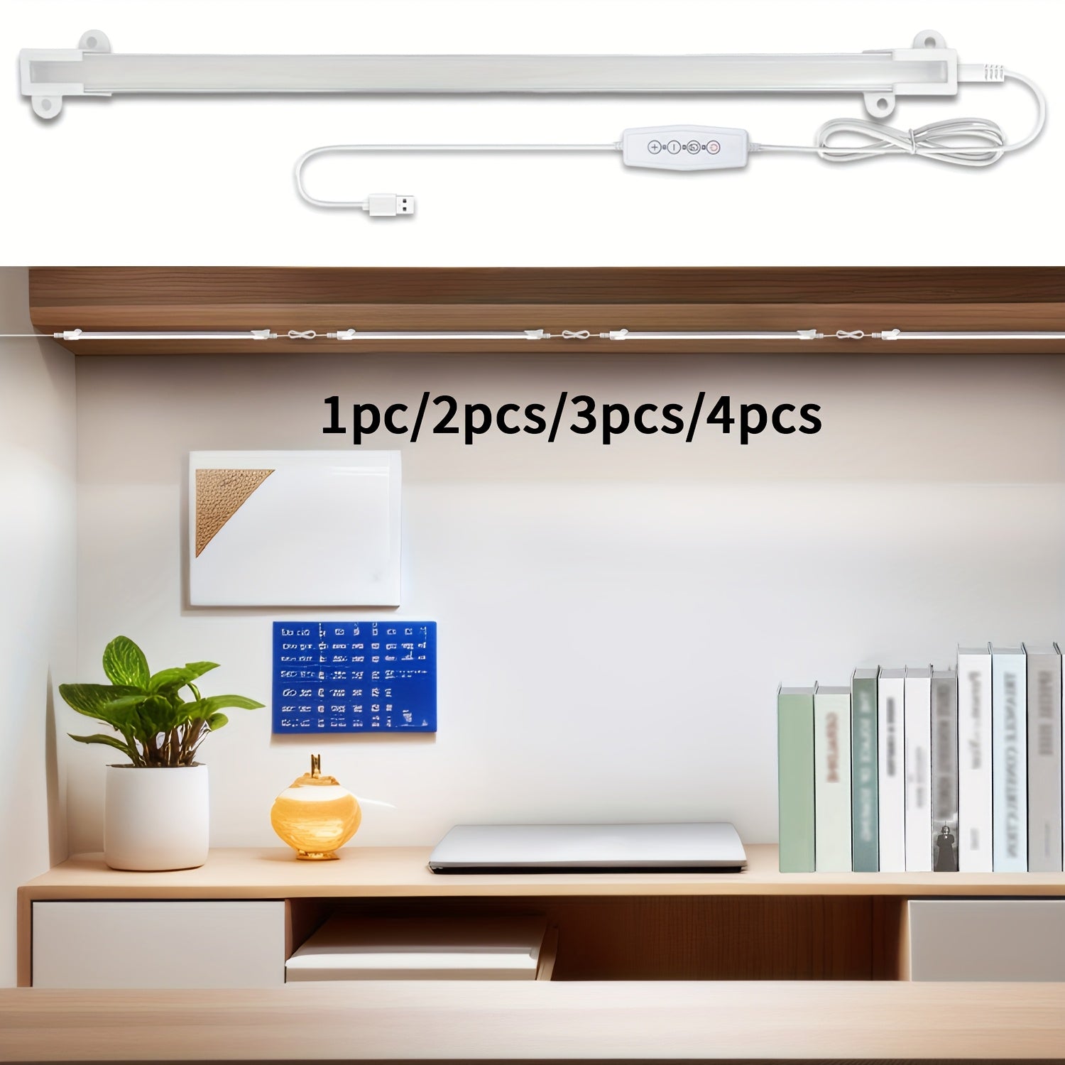 LED cabinet light, dimmable with timer, ultra-bright under-cabinet light, 4 brightness levels, shelf light 5V/2A plug, suitable for desks, bookshelves, studios, garages (adapter not included)