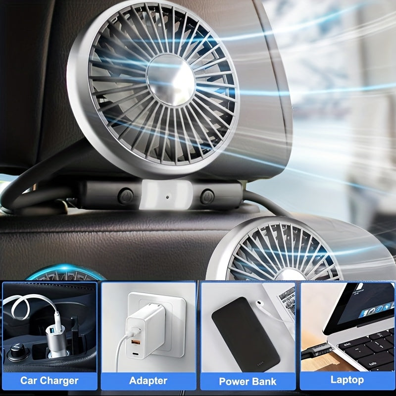 Dual-Head USB Car Hose Fan, Rear Seat Specific, 360° Rotation, 3-Speed Strong Wind, USB Powered Car Cooler, Compatible with Laptops, for Sedans, SUVs, RVs, Trucks