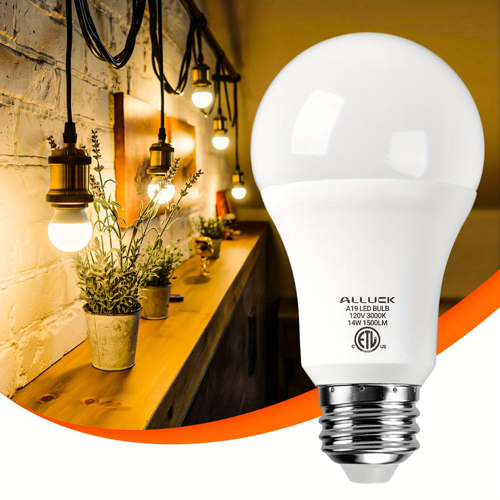 ALLUCK A19 LED 灯泡 6 件装，14W 1500LM（100W 等效），E26 底座，可选色温（3000K 暖白/5000K 日光/6500K 冷色），CRI 85+，无闪烁，持久，护眼，不可调光 家庭、办公室和商业用途，暖色环境照明