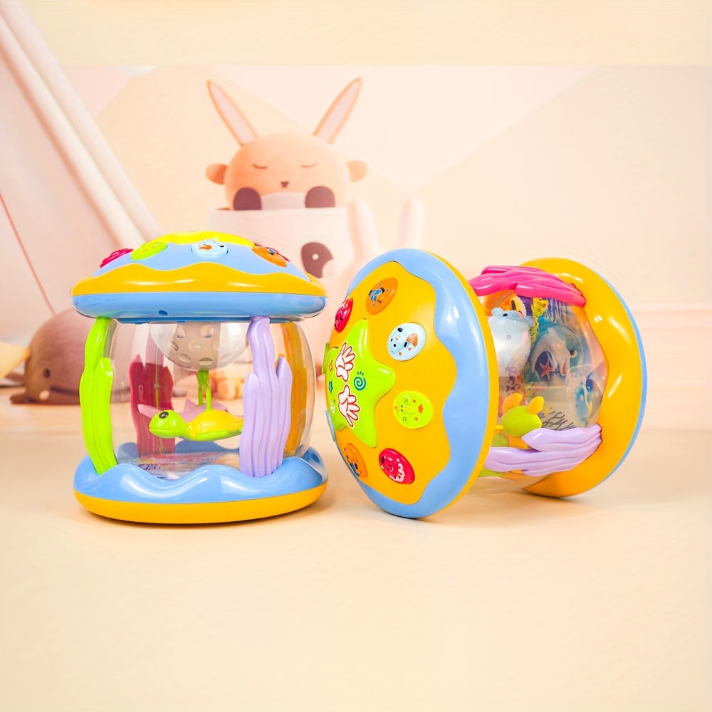 1个儿童玩具，专为儿童设计，配有发光并播放音乐的海洋投影仪，适合在趴趴乐和爬行时使用。是送给男孩和女孩的理想礼物