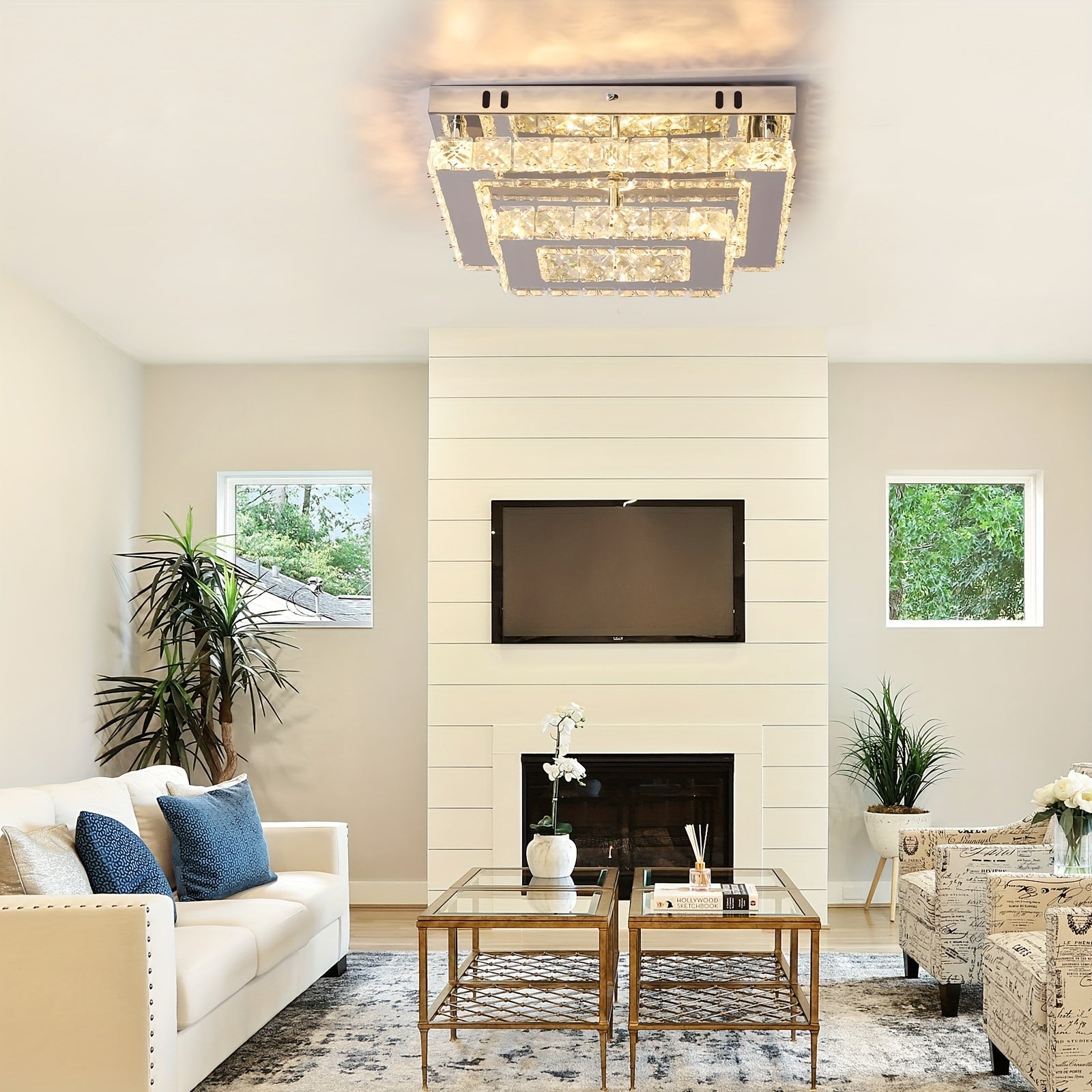 Modern rectangular crystal LED ceiling light, with K9 stainless steel, flush mount chandelier, suitable for living room, bedroom and dining room (dimmable)