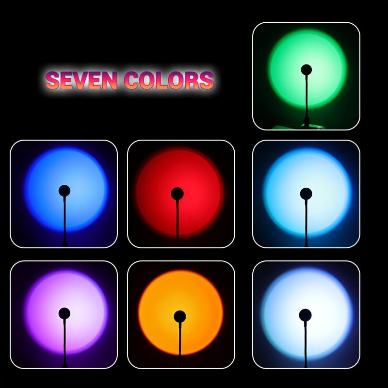 Colorful LED Sunset Lamp, 7 Colors Adjustable, USB Plug-and-Play, 360° Rotation, Sunset Light, Twilight Atmosphere Light, Suitable for Walls, Ceilings, Background Walls, Mini Portable, Great for Festivals, Parties, Gatherings