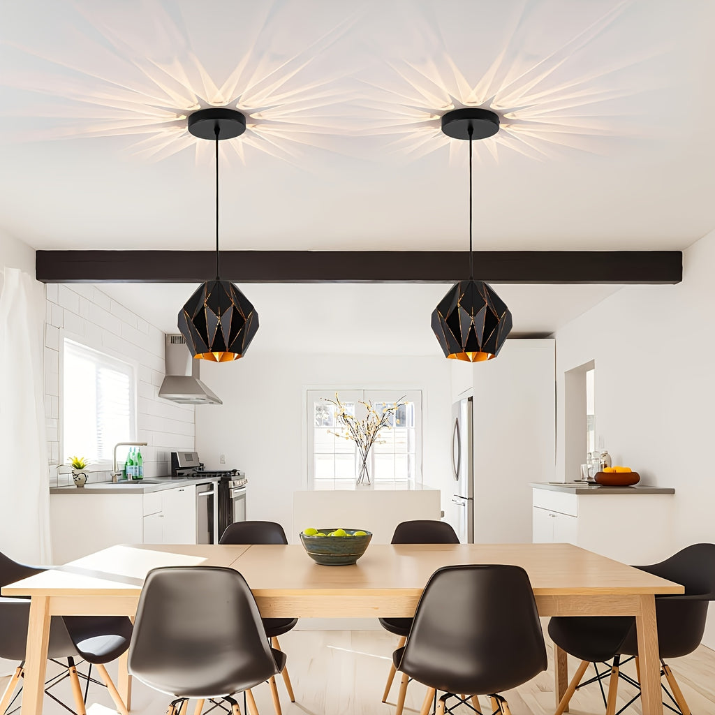 Industrial Pendant Light Kitchen Island, Black Pendant Lighting Fixture Chandelier, with Metal Geometric Diamond Shade, Ceiling Vintage Pendant Light, for Dining Room Living Room Bedroom Modern Light Fixture Ceiling