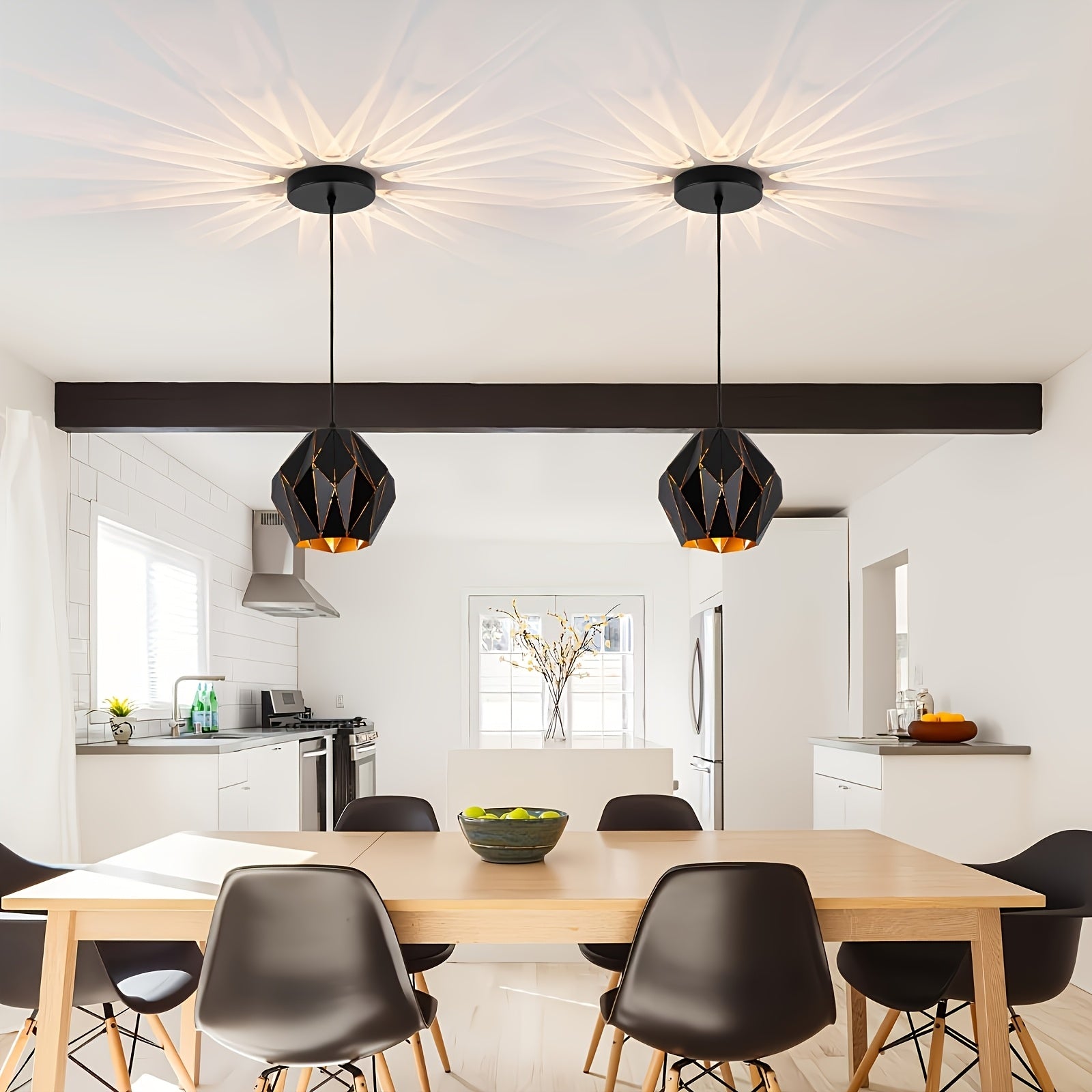 Industrial Pendant Light Kitchen Island, Black Pendant Lighting Fixture Chandelier, with Metal Geometric Diamond Shade, Ceiling Vintage Pendant Light, for Dining Room Living Room Bedroom Modern Light Fixture Ceiling