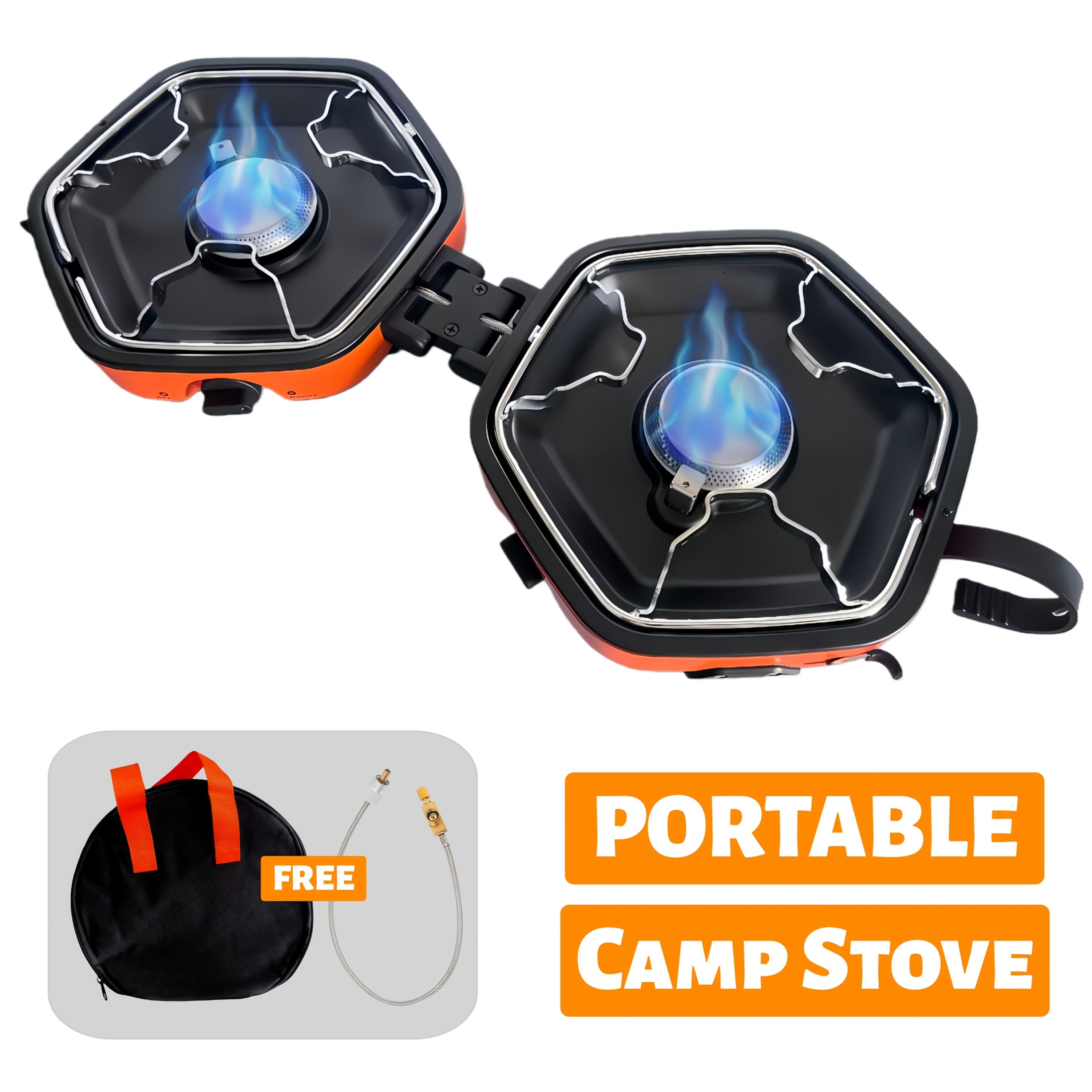 Portable Folding Camping Stove, Dual Burners That Work Simultaneously, Carbon Steel Housing, Built-in Ignition and Flame Control, Ideal for Outdoor Camping, Hiking, Adventure, and More