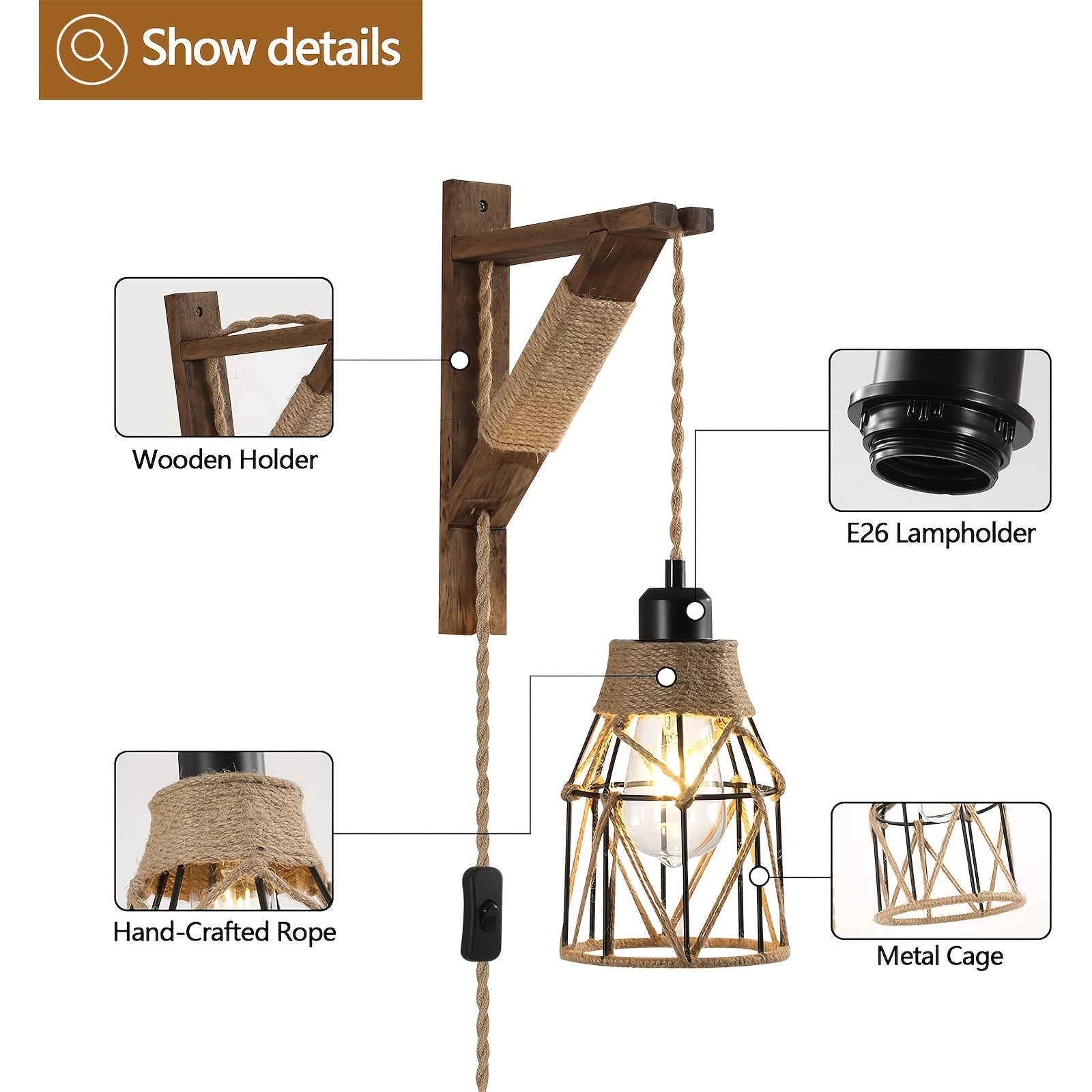 Two-Piece or One-Piece Plug-In Wall Light Without Wiring - Farmhouse Style Metal Cage and Wood Bracket Bedside Lamp, Suitable for Bedroom Headboard (Easy-to-Install Barn Light Decor) (Bulb Not Included)