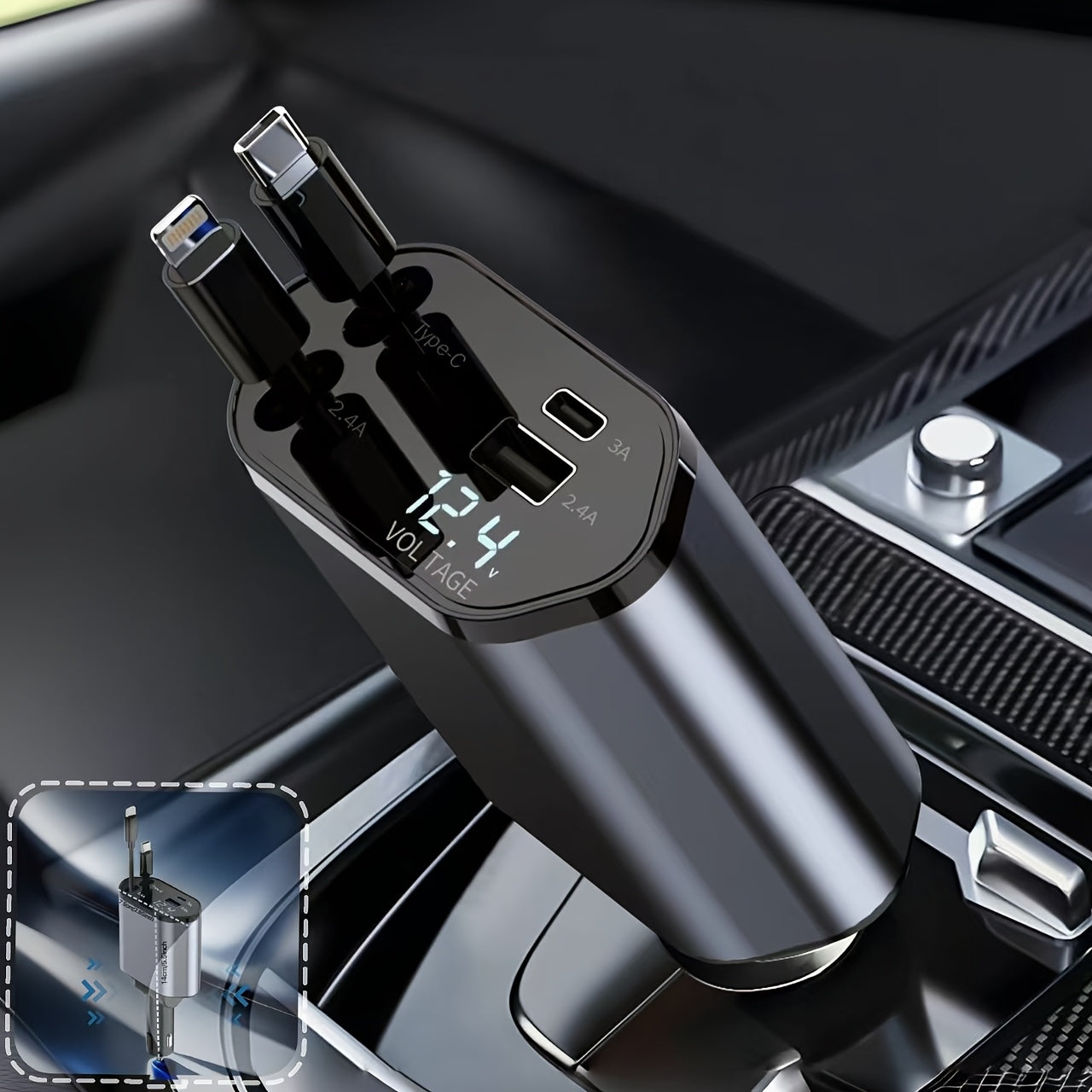 A 4-In-1 Fast Car Charger Adapter with 66W Quick Charging, Featuring 2 Retractable Phone Charging Cables (Type-C And Ios) And 2 Ports (USB-A And USB-C), Compatible with Iphone 16/15 Pro Max/14/13/Pro Max 12, a Must-Have for Vehicles.
