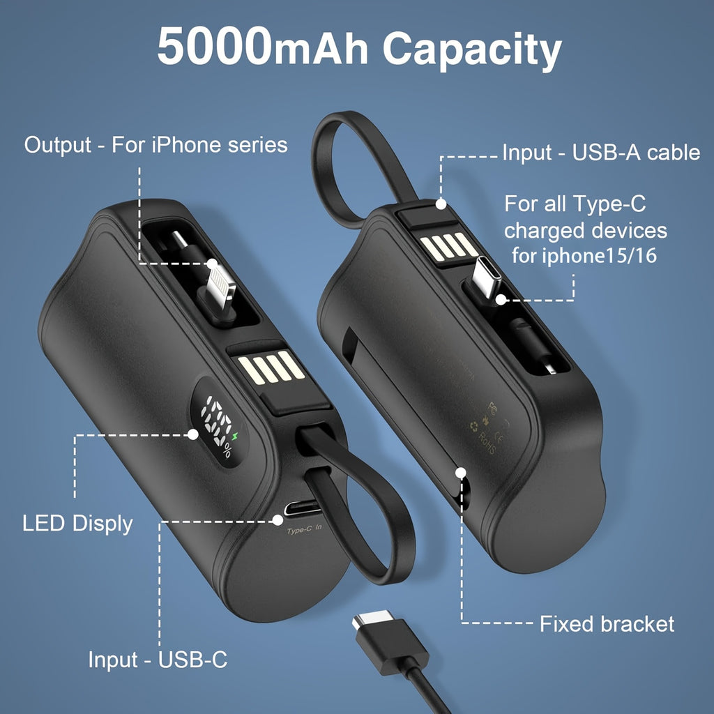 2026新款三合一迷你行動電源 5000mAh 充電寶，內建 USB-C 及 iPhone 雙充插頭，LCD 顯示螢幕電量，手機支架，附 USB 充電線