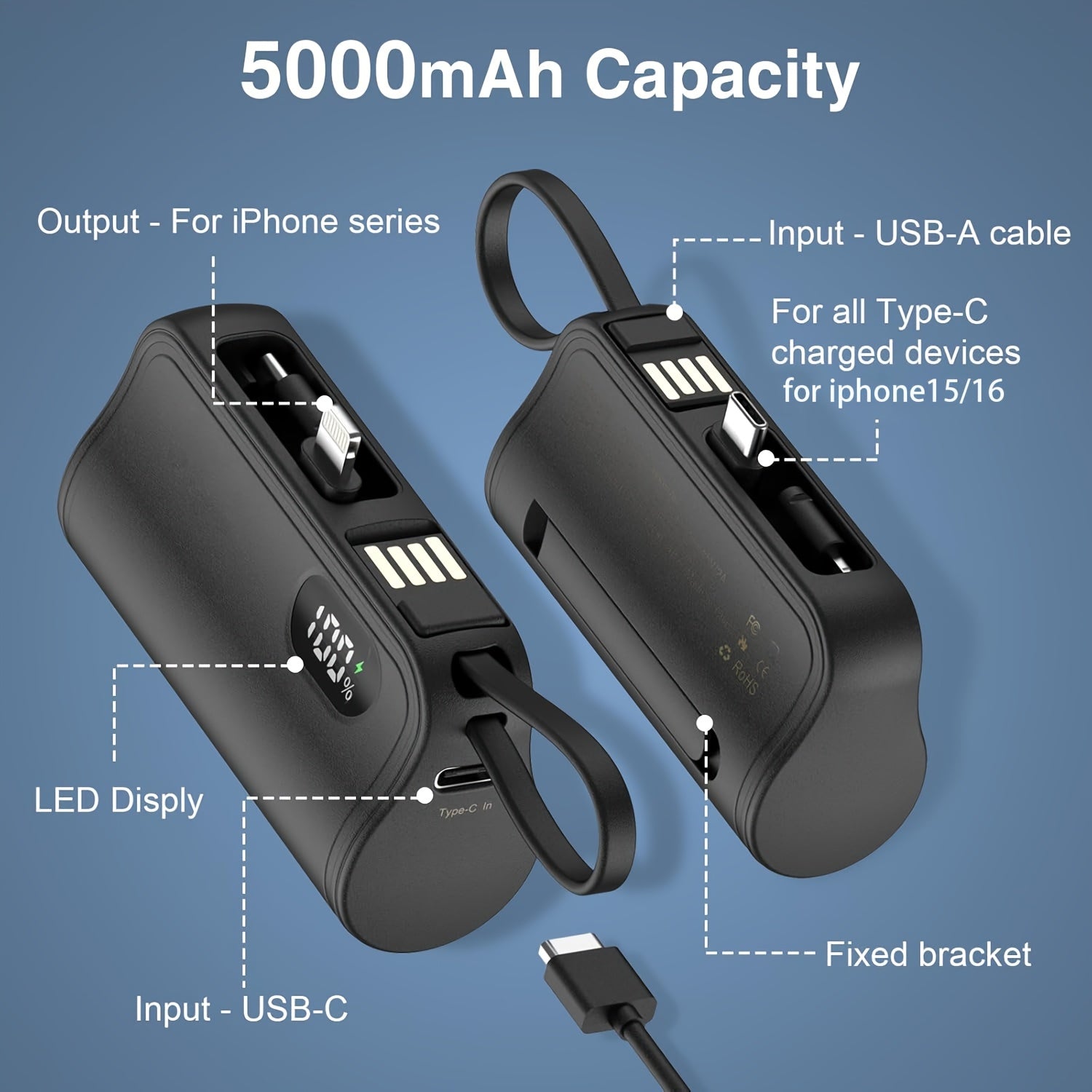 2026新款三合一迷你行動電源 5000mAh 充電寶，內建 USB-C 及 iPhone 雙充插頭，LCD 顯示螢幕電量，手機支架，附 USB 充電線
