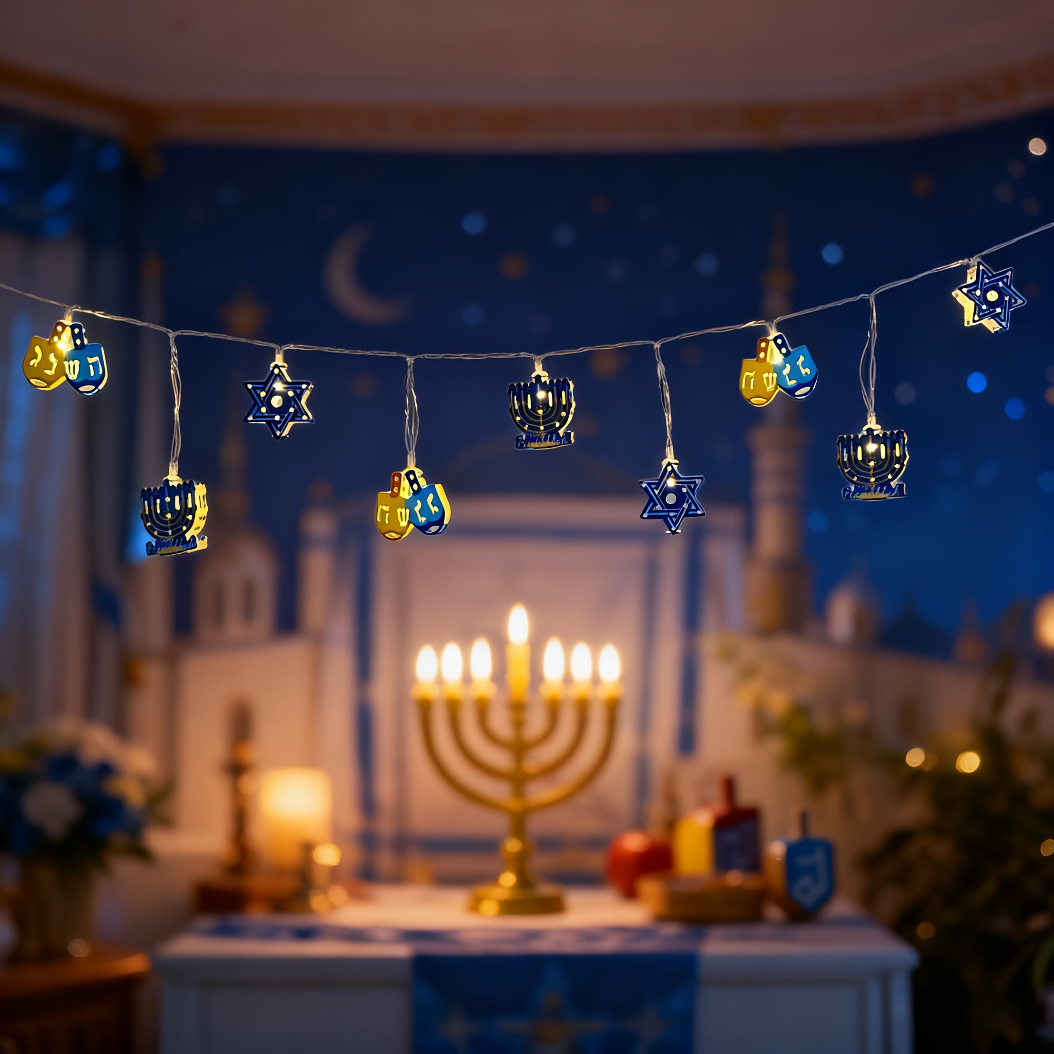 HANUKKAH LIGHTS，2米10灯光明节大卫之星灯串，LED六芒星烛台陀螺灯串，电池供电（不含电池），光明节礼物，光明节派对装饰品，适合房间卧室客厅餐厅壁炉楼梯橱窗装饰