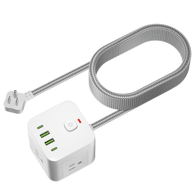Compact Wall Outlet Featuring a 1.5-Meter (5-Foot) Extension Cable, Designed to Meet American Standards. It Comes with Two Sets of 8-In-1 Versatile Sockets, an Individual Power Switch for Each Socket, And a Surge Protection Feature
