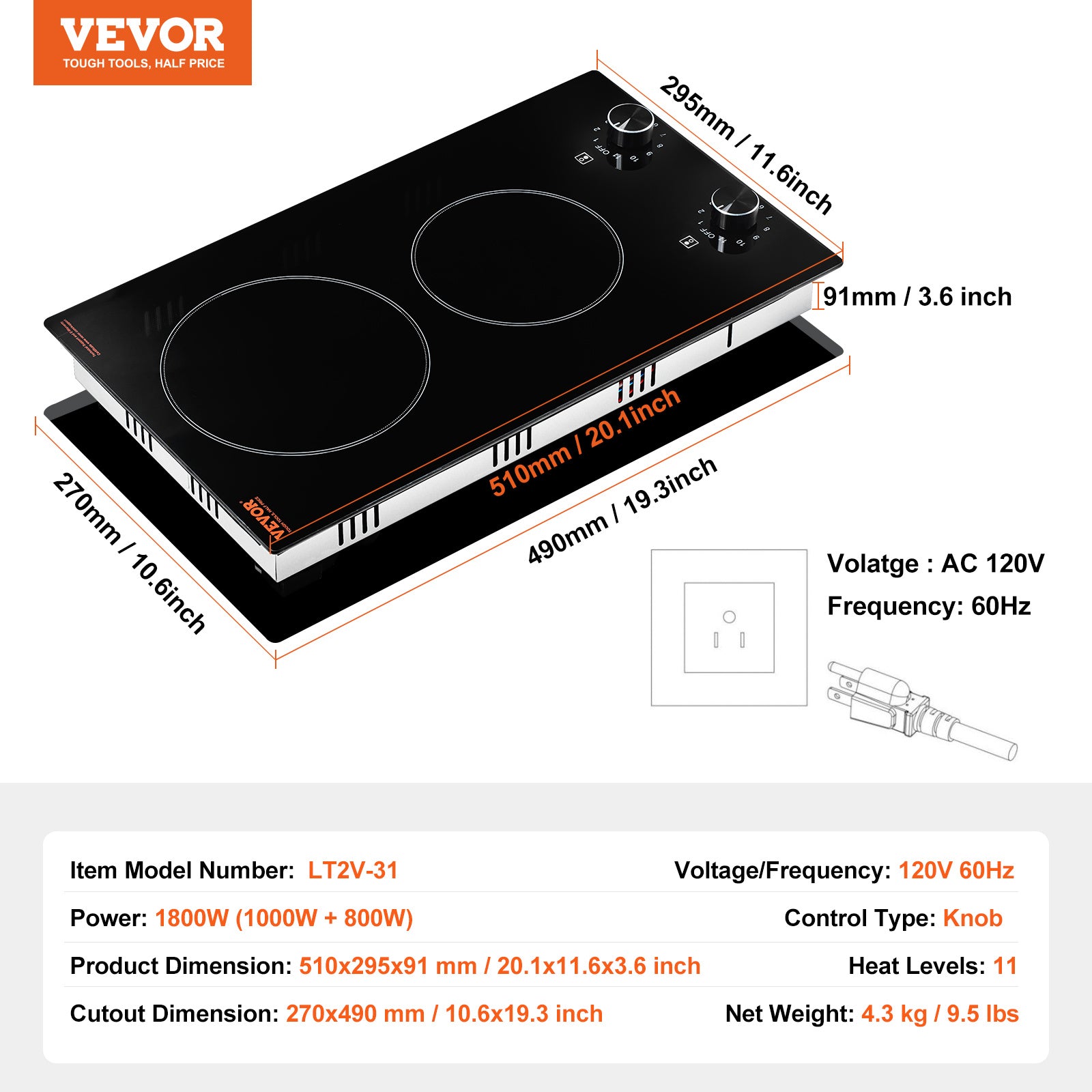 VEVOR Built-In Induction Cooktop Radiant Ceramic Stove 2 Burners 20.1 x 11.6 Inches