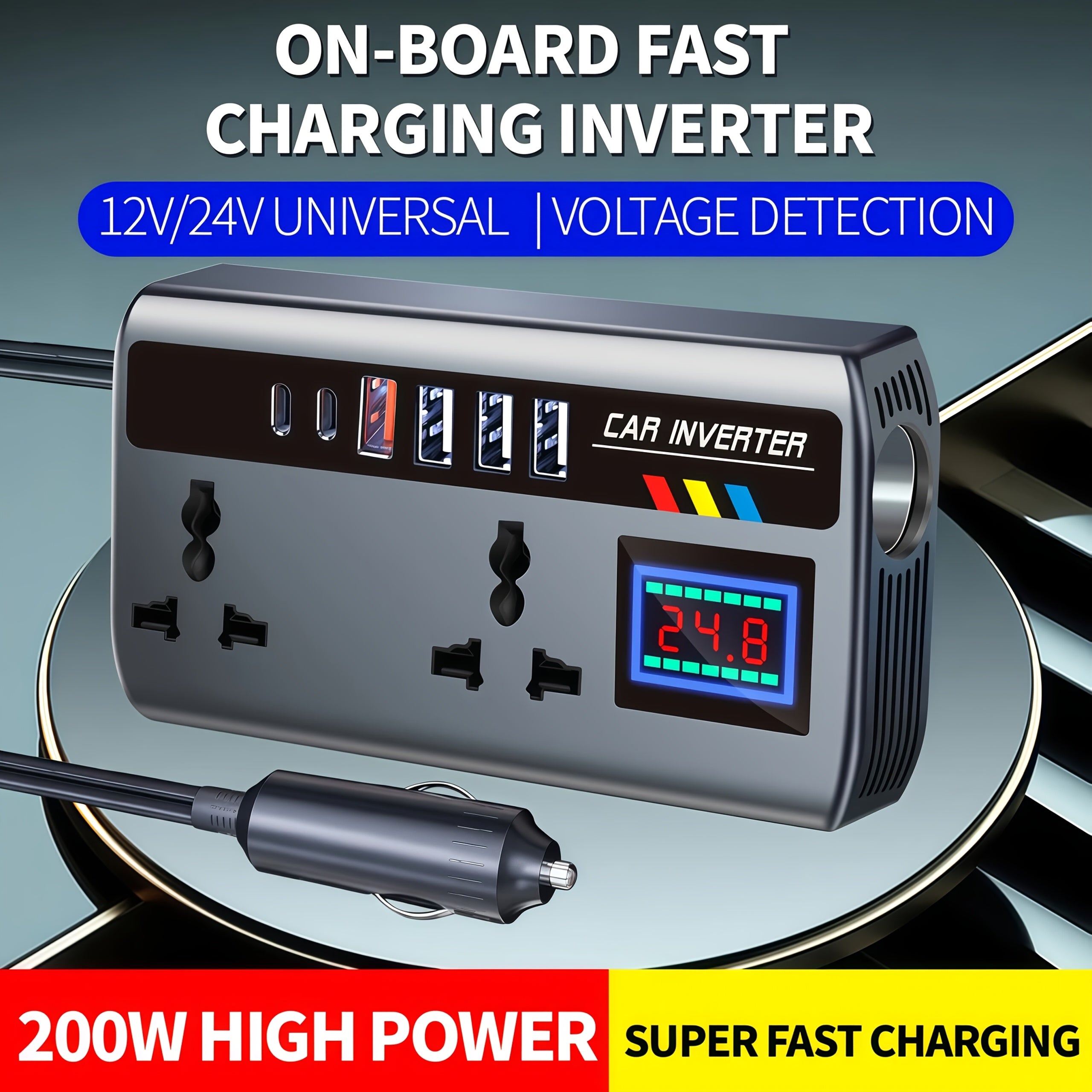 200W车载电压转换器逆变器，从DC 12V/24V到AC 220V，双通用插座+6个USB端口，数字电压显示，智能快速充电和大功率变压器-适用于汽车、卡车和SUV