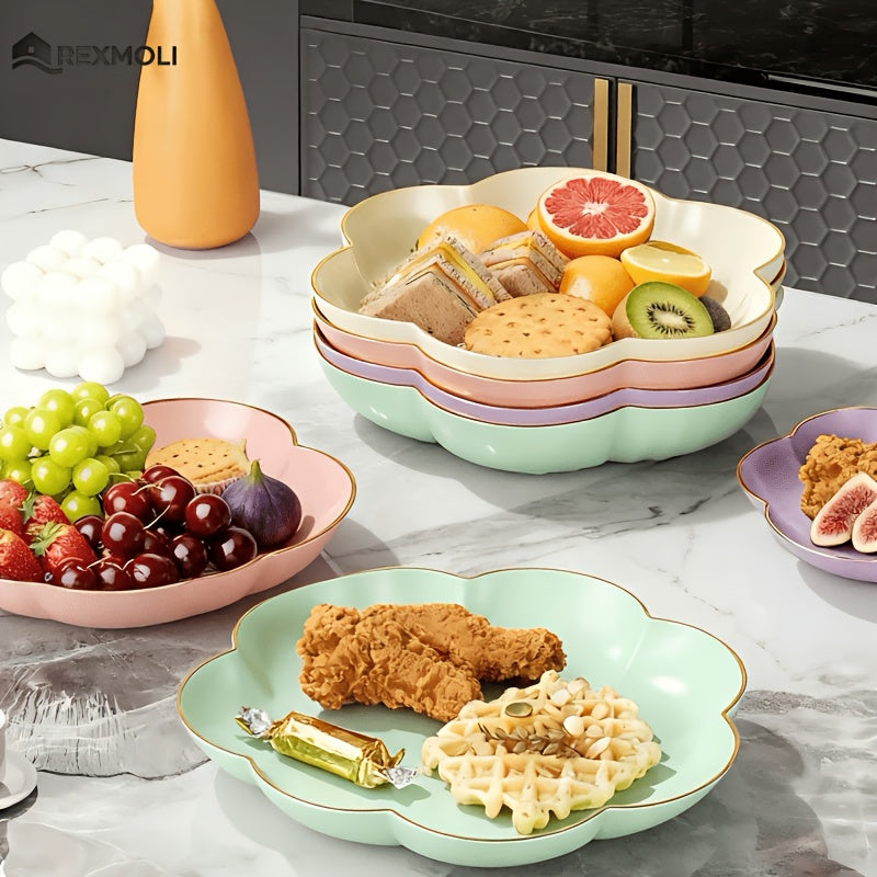 3-Piece Gold Rim Floral Fruit Bowl & Cake Stand Tray Set, New Year Candy Tray – Perfect for Afternoon Tea or Party Food, Outdoor, Hotel – Ideal for Living Room Decor, Family Dinner Table Fruit Bowl, Dessert Plate
