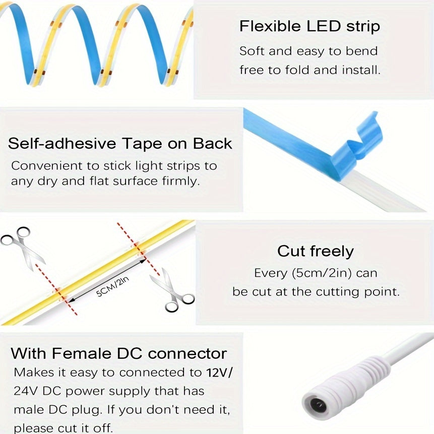 12V/24V320灯/米8mm宽COB灯带配DC连接器5米一套
