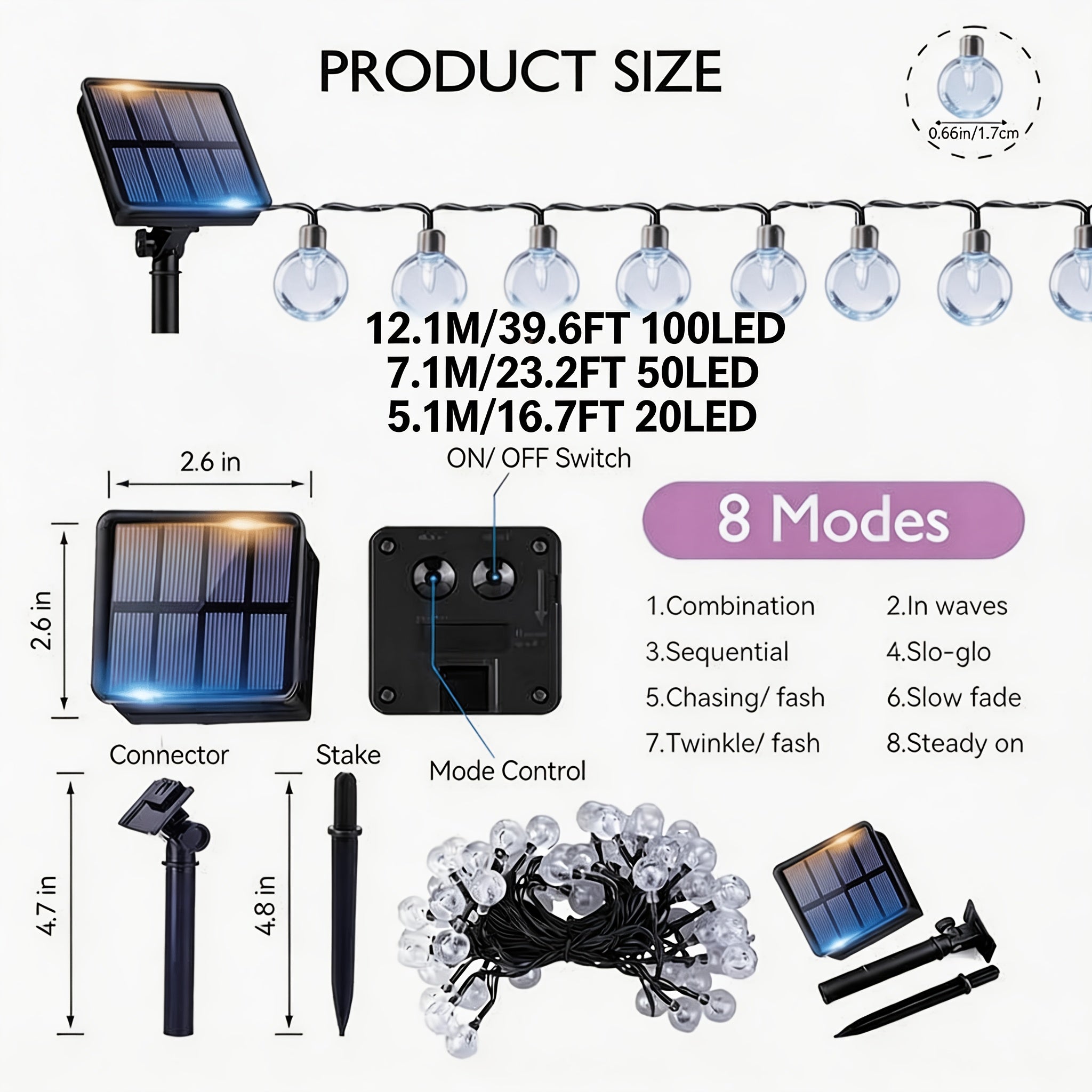 1个户外水晶球串灯 - 16.7/22.3/39.6英尺 (20/50/100 LED) 太阳能供电 "梦幻泡泡" 串珠，IPX4 防水等级，非常适合装饰花园、树木、露台、婚礼、派个和节日庆祝活动