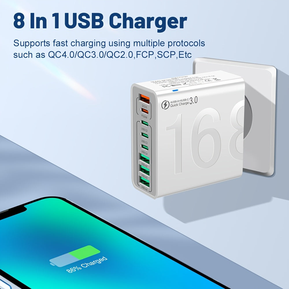 8 Ports With Cable - Global Voltage 110-130V Power Adapter Brick For IPhone 17/16, For IPad, For Samsung, MacBook - Compact Cube Design, Charger For Business Trips & Home Use, Portable Fast Charger, Fast Charger Type C Cable With Adapter