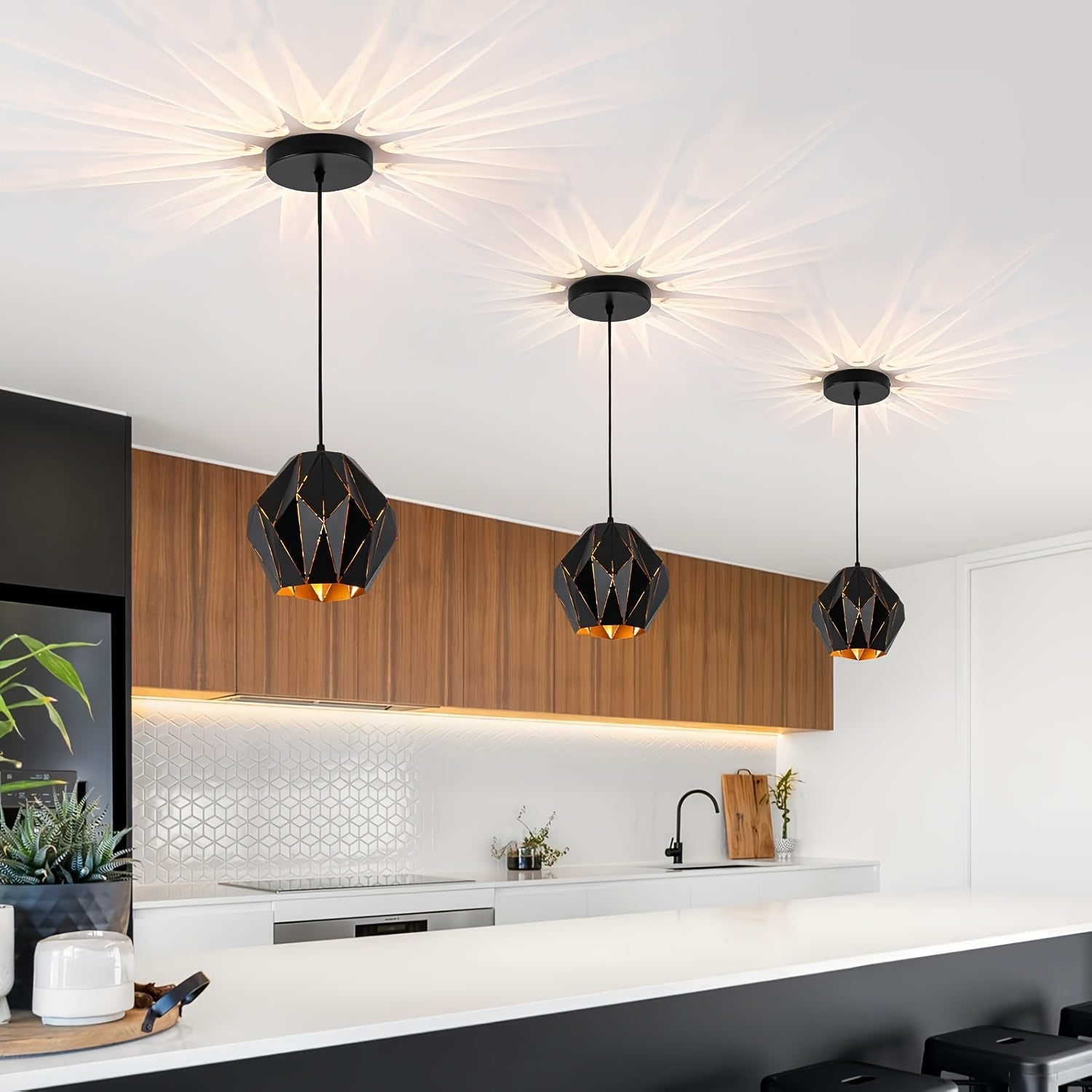 Vintage industrial black metal pendant light - height adjustable, geometric farmhouse ceiling light for kitchen island - bulb not included