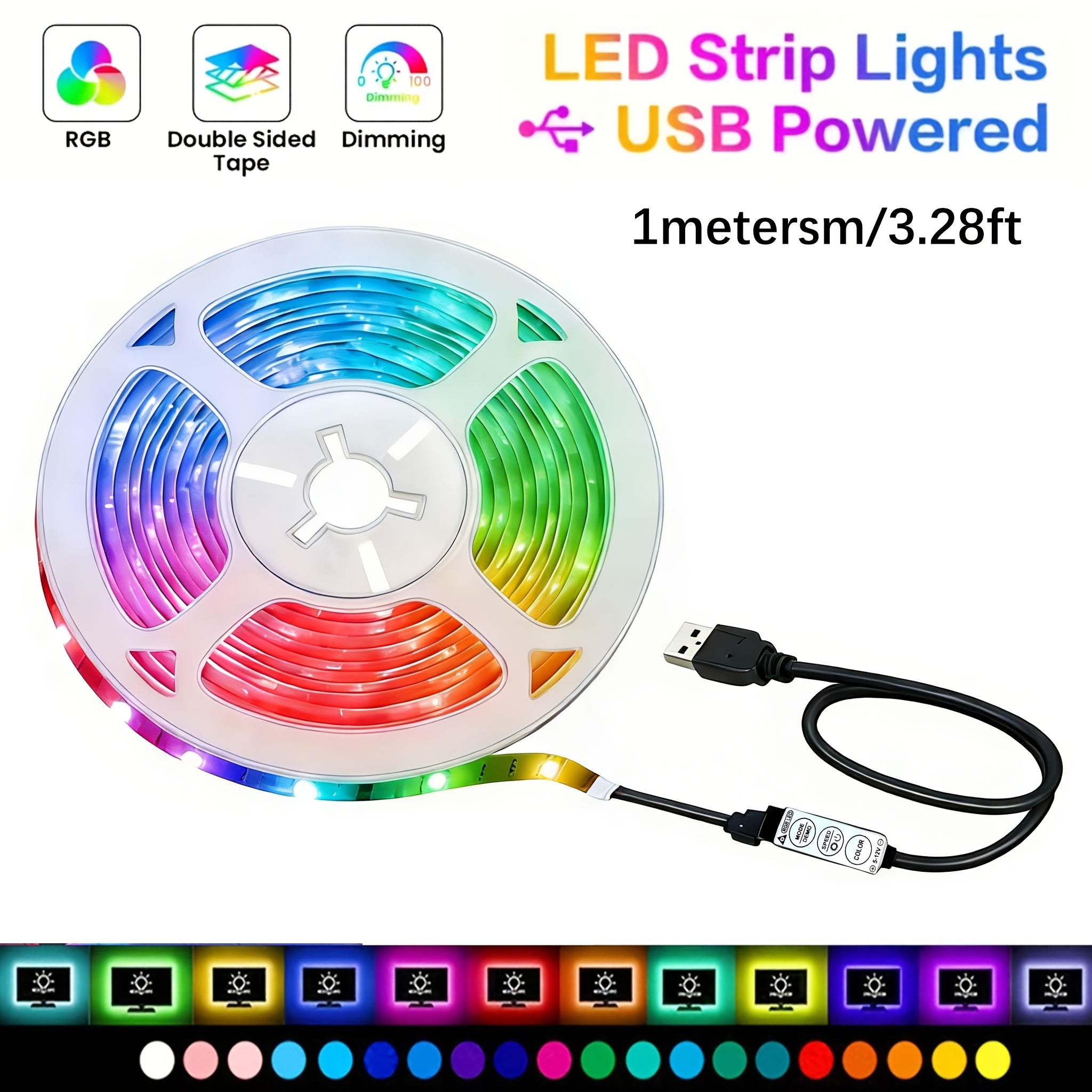 3.28英尺 RGB LED灯带，带迷你控制器，实现多彩效果，兼容笔记本电脑和各种电子设备，适用于卧室、派对、家居装饰、电视背光、圣诞节和节日装饰