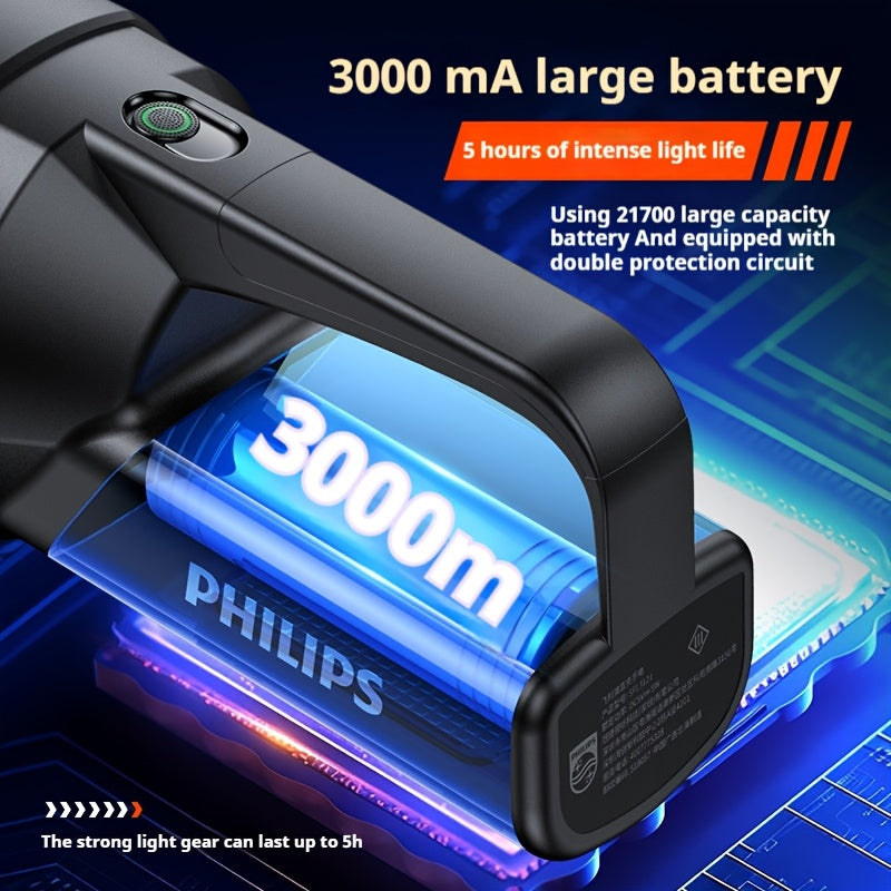 Philips rechargeable battery flashlight, ultra-long battery life, high capacity, portable spotlight, suitable for outdoor and emergency lighting