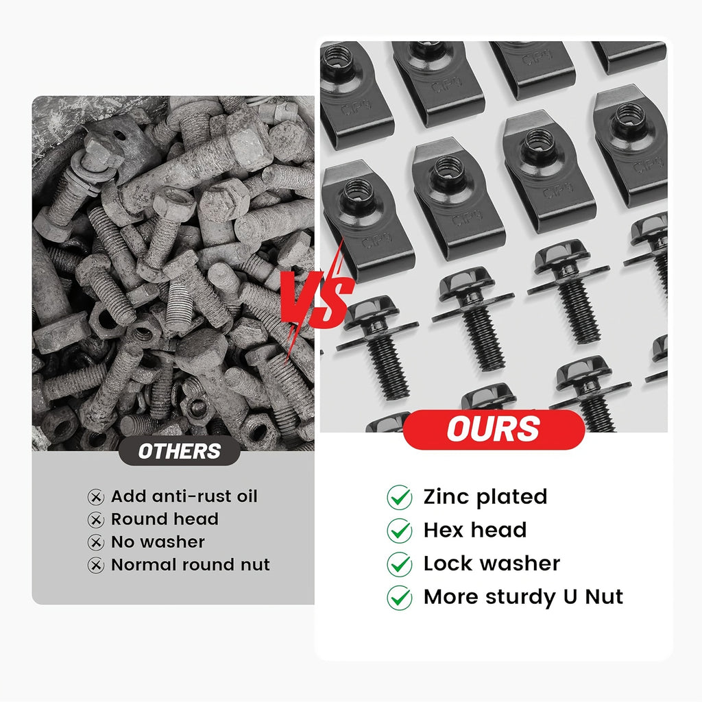 50-Piece 1/4" U-Nut Clips and Hex Head Auto Fender Bolt Set – for Car Fenders, Engine Splash Shields, Hoods & Bumpers