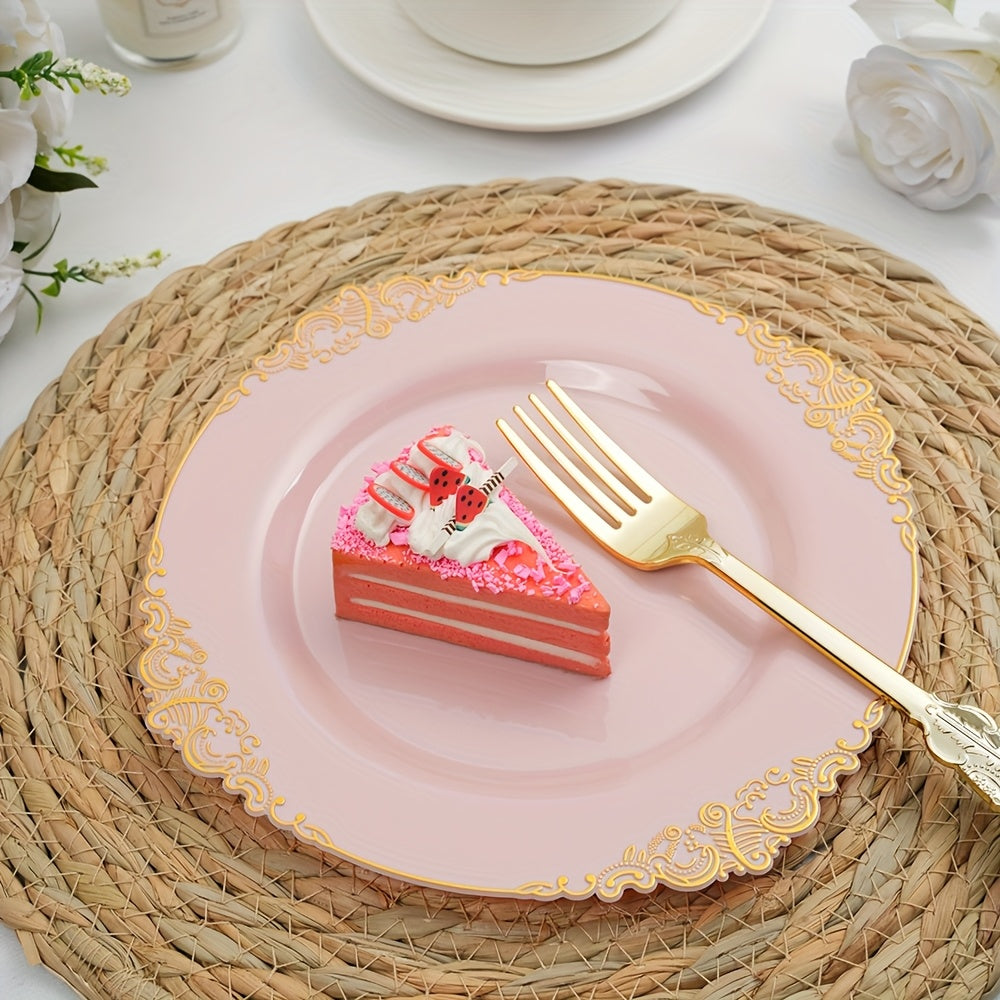 20/60Pcs Pink Vintage Small Plates & Forks Set, Embossed Pattern Edge, Vintage Style, Reusable – Perfect for Wedding Season Dinners, Birthday Balls, Tea Parties, Guest Reception, New Year & Christmas Celebrations