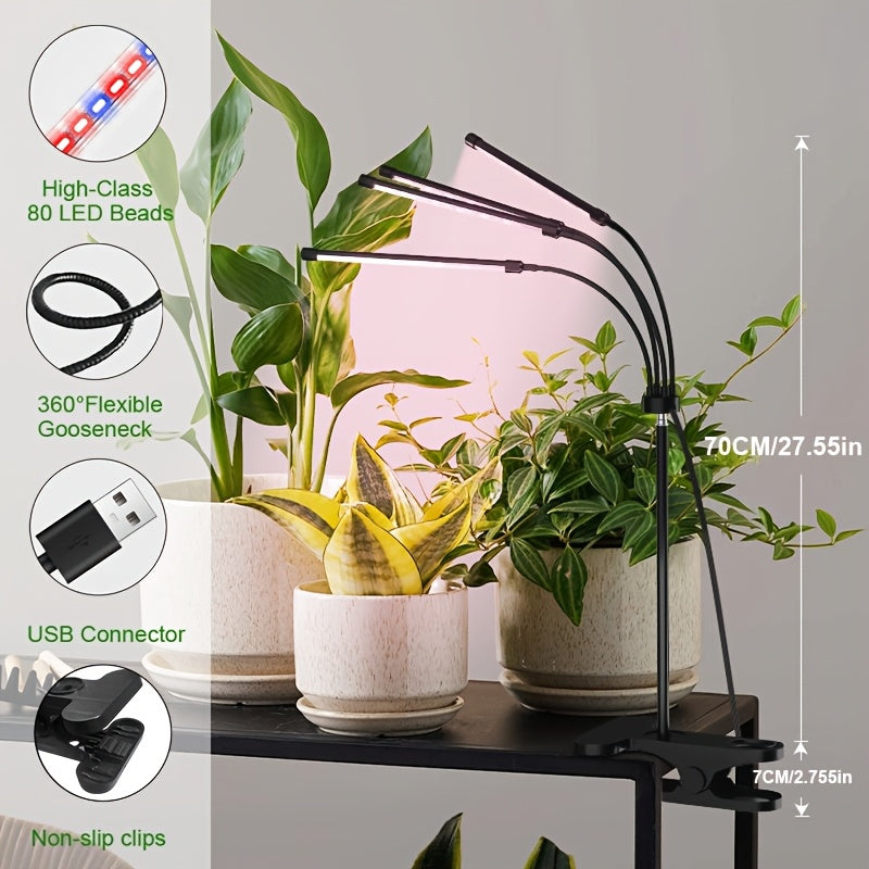 4-Head Stand Plant Grow Light, 80 LED Beads, 2-Color Freely Switchable, 4H/8H/12H Timing Function, Perfect Home Plant Care Helper