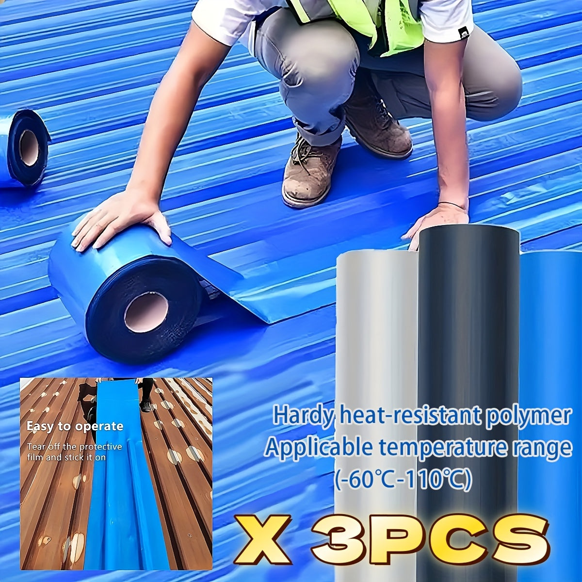 3卷 经济型大型工业防水屋顶胶带 - 耐寒耐热，重型塑料金属屋顶密封胶 (总长259.84英寸)，适用于金属瓦和瓦楞瓦屋顶，易于涂抹，持久密封