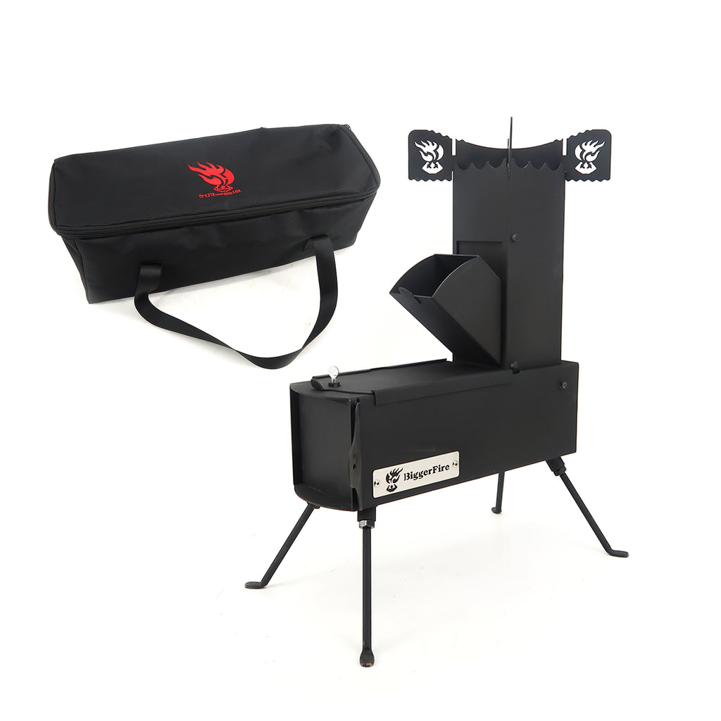 Portable Folding Wood Stove, Designed for Outdoor Cooking, Picnic, BBQ, Hunting & Fishing, Cast Steel Construction with Carrying Bag
