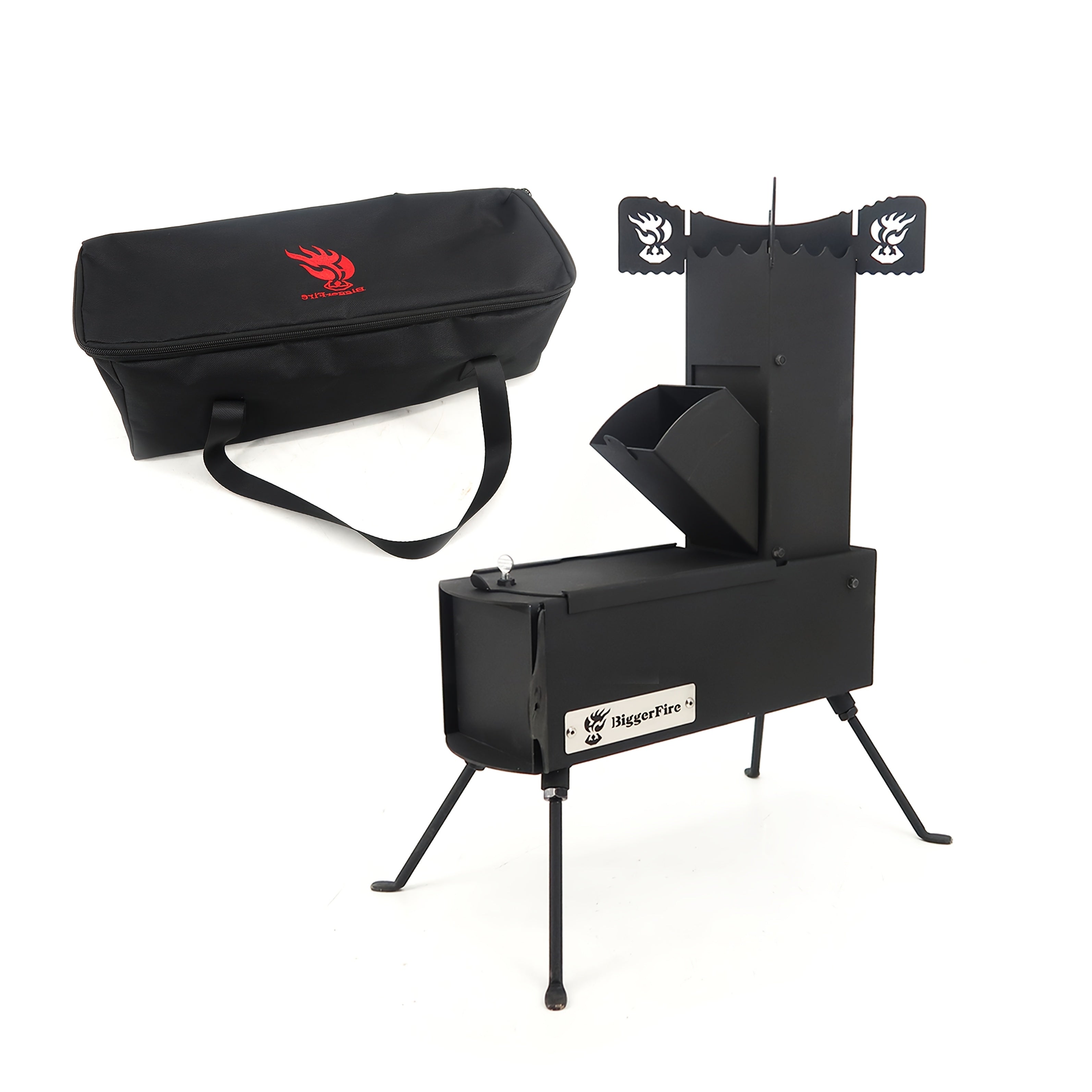 Portable Folding Wood Stove, Designed for Outdoor Cooking, Picnic, BBQ, Hunting & Fishing, Cast Steel Construction with Carrying Bag