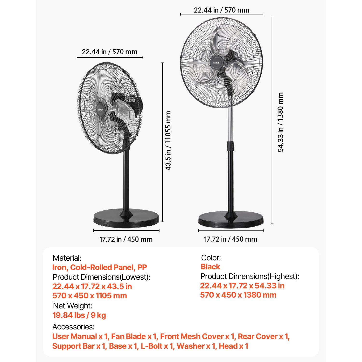 VEVOR 20 Inch Industrial Pedestal Fan, 3-Speed Oscillating Fan with Adjustable Height, 18/20/30 Inch Optional