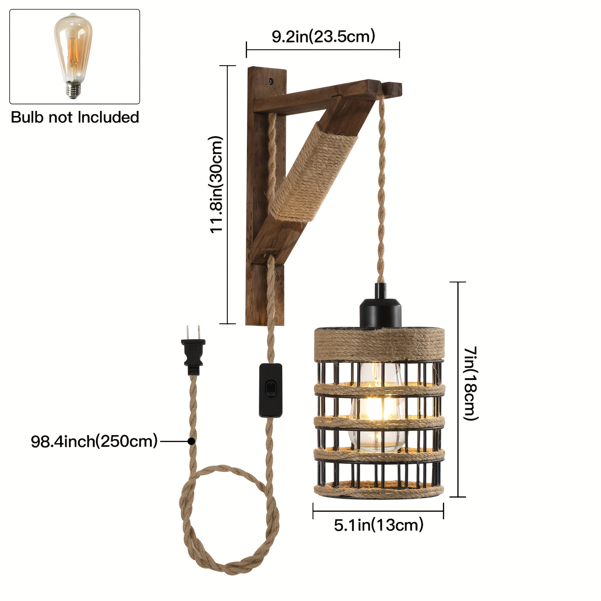 Two-Piece or One-Piece Plug-In Wall Light Without Wiring - Farmhouse Style Metal Cage and Wood Bracket Bedside Lamp, Suitable for Bedroom Headboard (Easy-to-Install Barn Light Decor) (Bulb Not Included)