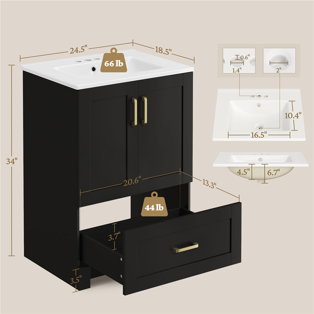 Costoffs Freestanding Bathroom Vanity with Ceramic Sink - 2-Door Base Cabinet with Drawers, Modern Bathroom Storage Combo Set, Home Furniture