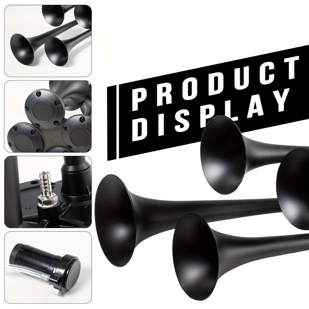 ALLREY Truck Air Horn Train Horn 12V 4-Horn Car Horn Super Loud Air Horn with Compressor, Fits Vehicles Trucks Cars Pickup Jeep SUV Train Boat, Matte Black Silver Red