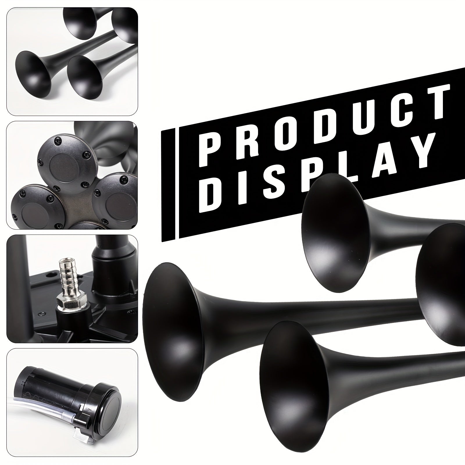 ALLREY Truck Air Horn Train Horn 12V 4-Horn Car Horn Super Loud Air Horn with Compressor, Fits Vehicles Trucks Cars Pickup Jeep SUV Train Boat, Matte Black Silver Red