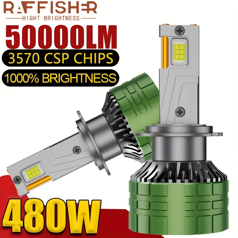 RAFFISHER 2-Pack H4 H7 LED Headlights, 480W High Power, 50000LM Brightness, Compatible with Canbus and Various Models Including H1, H11, H8, H9, HB3 9005, HB4 9006, 12V, 6000K Turbo Light, for Vehicles