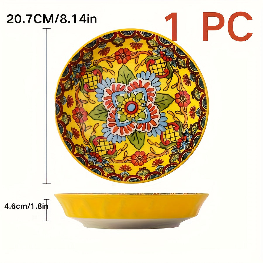 1-Piece Bohemian Floral Theme Ceramic Dinner Plate – 8-Inch Round Decorative All-Season Tableware, Perfect for Steak, Pasta, Breakfast – Microwave Safe Ceramic Dishware – Great for Christmas Gifts, Restaurant & Home Use