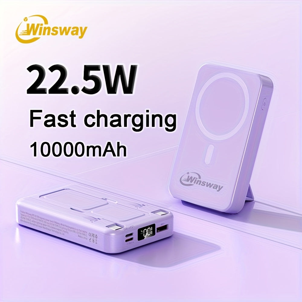 Winsway 10000mAh 磁吸無線行動電源，22.5W 快速充電行動電源，包含 Type-C 資料線、USB 連接埠、LED 螢幕和可折疊支架，適合送給 Iphone 和 Android 裝置的聖誕禮物