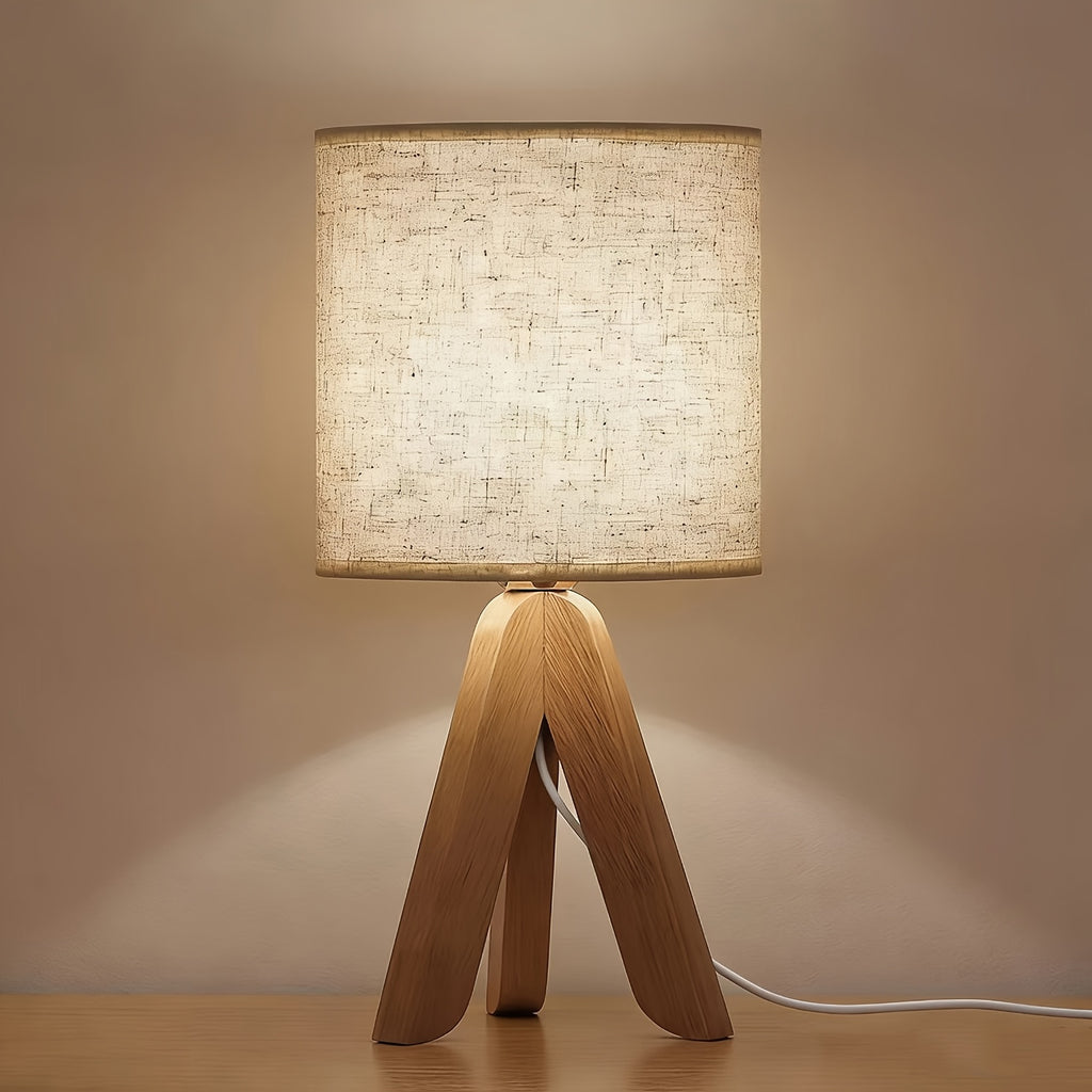Wooden tripod table lamp, small table lamp with linen lampshade, bedside table lamp for bedroom, office, dormitory, USB powered, bulb included