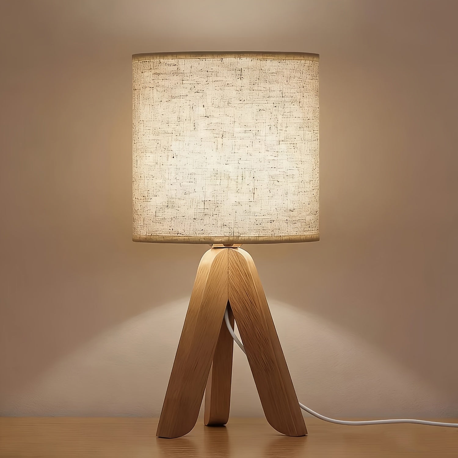 Wooden tripod table lamp, small table lamp with linen lampshade, bedside table lamp for bedroom, office, dormitory, USB powered, bulb included
