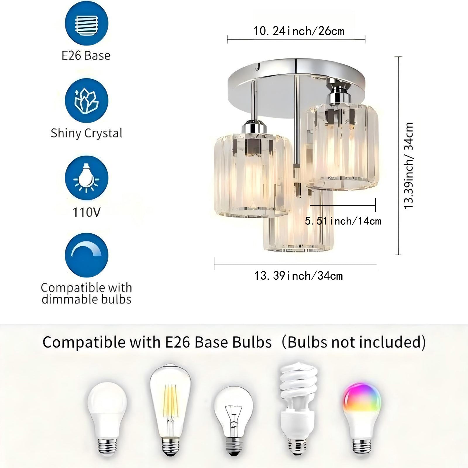 Modern Semi-Flush Mount Ceiling Light, Crystal 3-Head Kitchen Light, Hallway Pendant Light, Indoor Flush Mount Light, Suitable for Bedroom, Foyer, Entryway, Kitchen