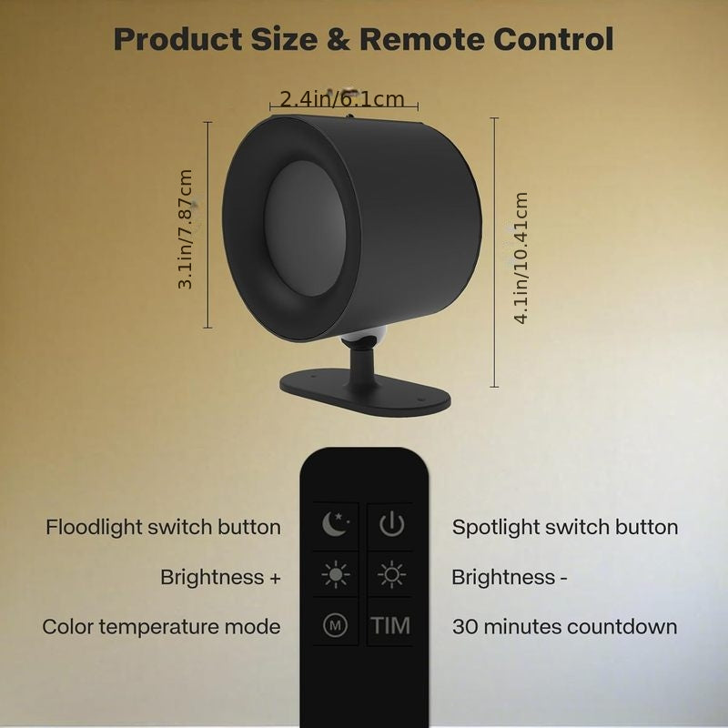 1 indoor rechargeable LED spotlight, dual-side light source, Type-C charging and USB interface. Suitable for wireless art spotlight in living room, with timer remote control, adjustable wall light, suitable for galleries, wardrobes, portraits, statues