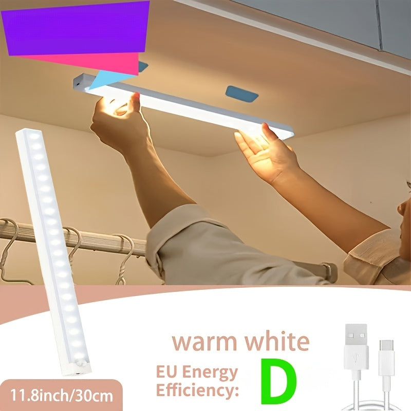 1个 3.94-19.69英寸 LED 智能运动探测灯条 - 无线 USB 供电暖白光 - 冷白光橱柜下照明，磁性粘合安装，易于安装，非常适合衣柜、橱柜和楼梯
