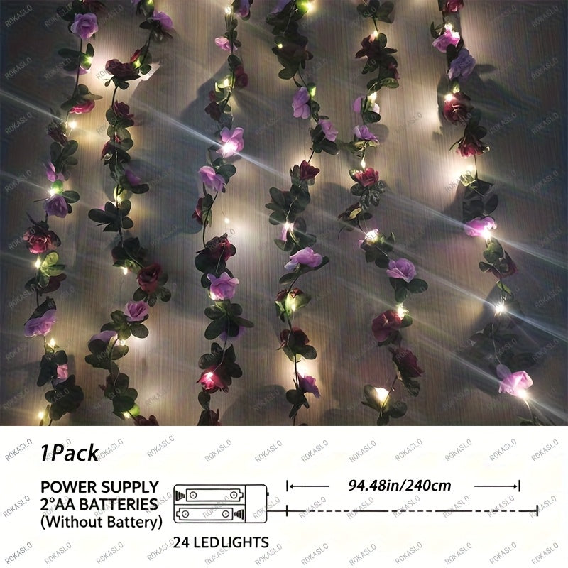 1套，迷人電池供電粉色玫瑰藤蔓燈，LED裝飾串燈（94.48英寸24顆LED），適用於節日派對、婚禮裝飾、聖誕裝飾、新年裝飾（不含電池）