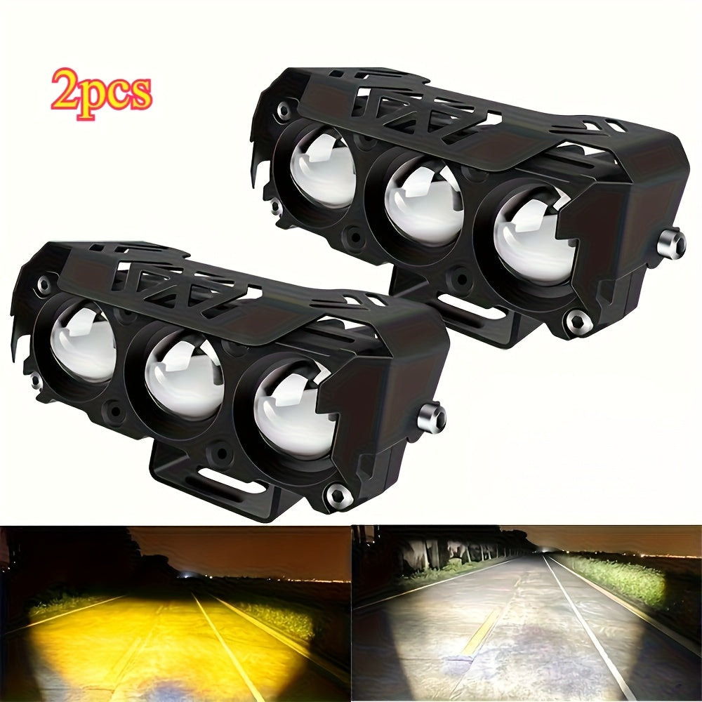 2 LED Motorcycle Spotlights, Super Bright Triple-Eye Motorcycle Light, Motorcycle Fog Light, Yellow/White Light High/Low Beam, Men‘s Auto Repair Lighting, Truck LED Light, Truck Accessories, Fits Pickup Trailer Bus Truck