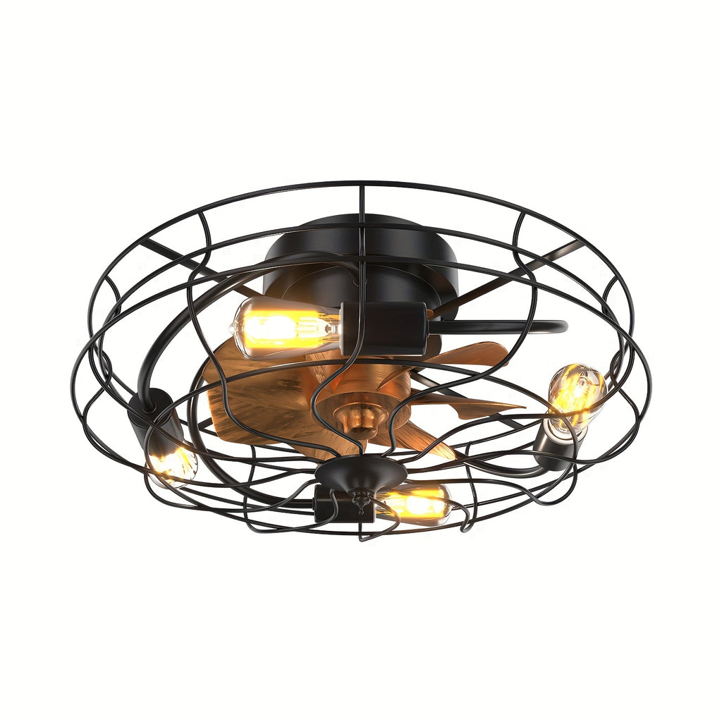 Sofucor 20" Industrial Black Recessed Cage Ceiling Fan, Indoor & Outdoor Use, Equipped with 7 ABS Blades and 4 E26 Bulb Sockets, Ideal for Living Rooms, Patios & Bedrooms