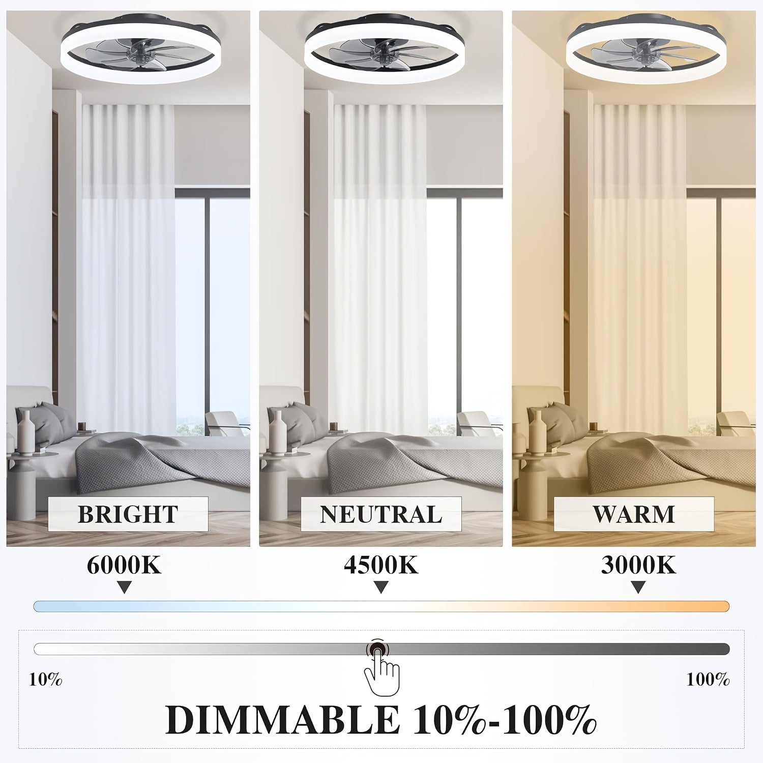 A modern metal ceiling fan, size from 15.75 inches to 19.7 inches, with light. Very suitable for bedrooms, studies and living rooms. It has six wind speeds, adjustable brightness, and is versatile and easy to install.