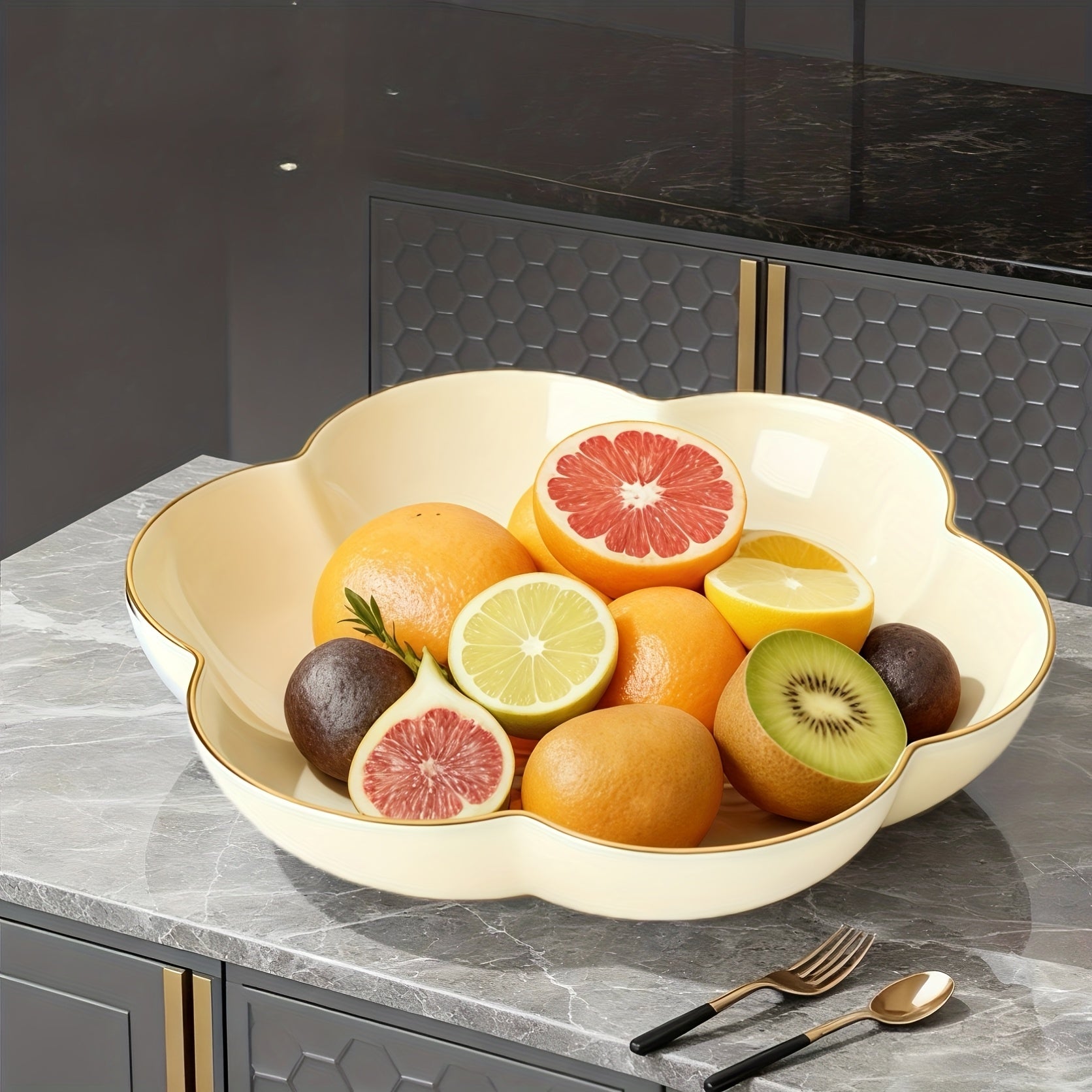 3-Piece Gold Rim Floral Fruit Bowl & Cake Stand Tray Set, New Year Candy Tray – Perfect for Afternoon Tea or Party Food, Outdoor, Hotel – Ideal for Living Room Decor, Family Dinner Table Fruit Bowl, Dessert Plate